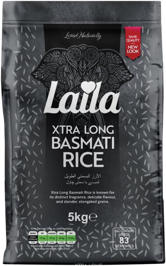 Laila Extra Long Grain Rice 5 Kg - Extra Long Grain White Basmati Rice with Aroma Fragrant