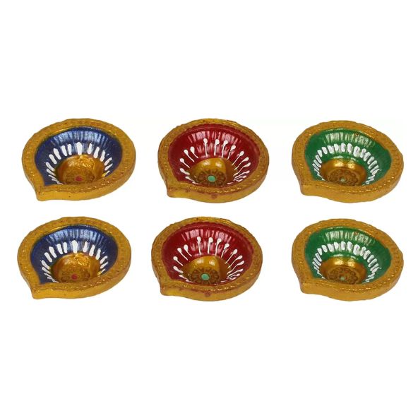 Pound Veg Set of 6 Handmade terractor Diwali Diya Multicolour Oil Lamps for Pooja Deepak Decoration Rangoli Diva Deepam Decorative Lighting Accessories Traditional Indian Festival Decor