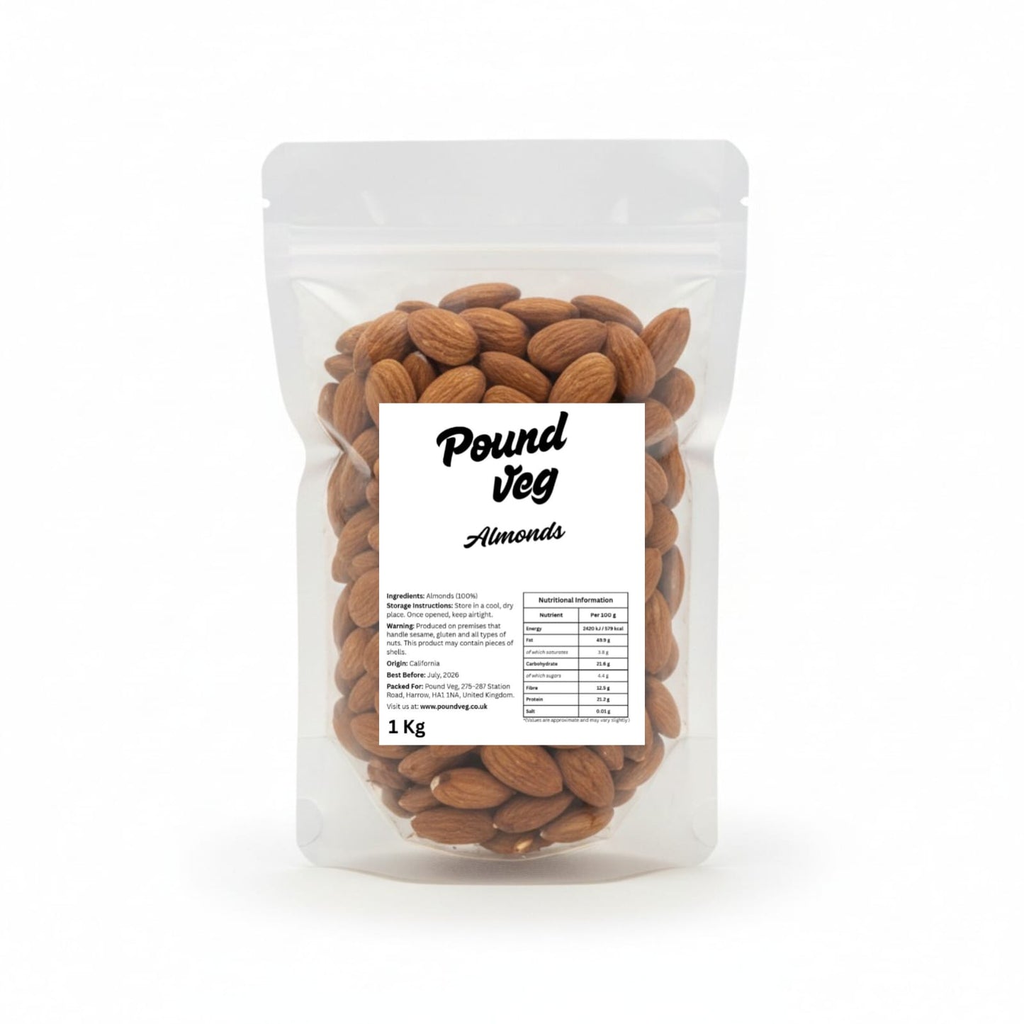 Almonds 1kg - 100% Raw Whole Almond 1 kg Bag - USA American Californian - Unpasteurised Kernels Nut - Protein & Fibre for Keto & Paleo – Non GMO & Vegan